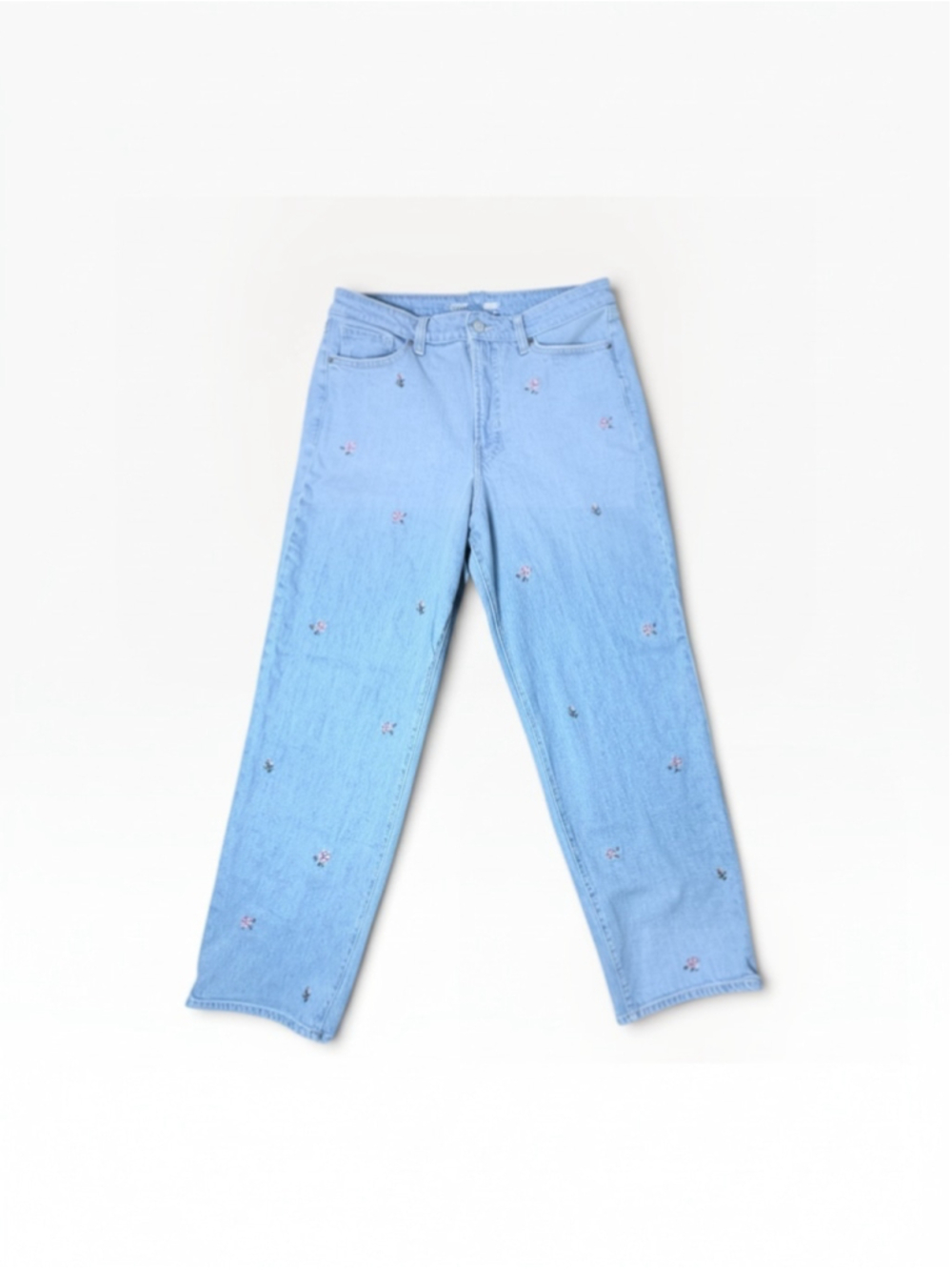 OLD NAVY High Rise OG Loose Embroidered Floral Straight Jeans Size 12 Light Wash